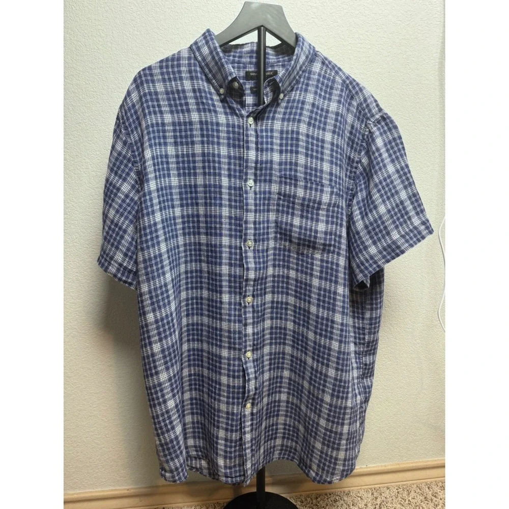 Banana Republic Mens XL Blue Plaid 100% Linen Short Sleeve Shirt Camden Fit
